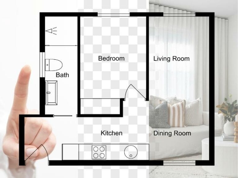 Example of a transparent background floor plan overlay. The left half shows a black-and-white 2D floor plan with labeled rooms, while the right half shows a furnished interior photo behind the plan, highlighting how transparent floor plans can be placed on images.