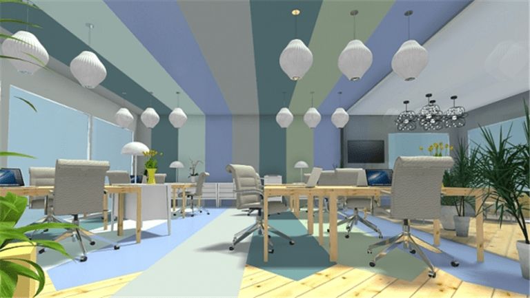 3D visualization of a modern, open-concept office with light wood floors, striped ceiling and wall accents in green and blue, multiple white pendant lights, and ergonomic chairs around wooden desks. Large windows let in natural light, and the room is decorated with green plants and contemporary lighting fixtures.