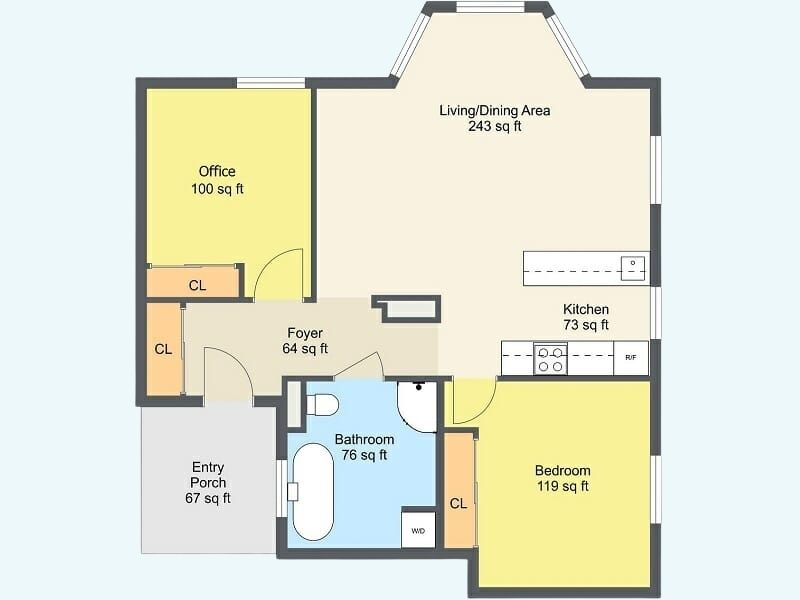 2D floor plan with labeled rooms and square footage. Layout includes entry porch, foyer, office, living/dining area, kitchen, bedroom, and bathroom, each marked with size in square feet and closet spaces.