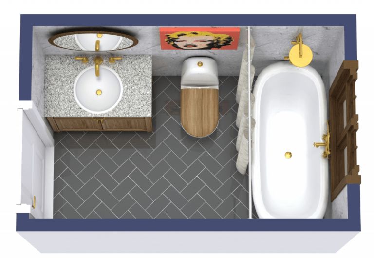 Top-down 3D floor plan of a modern bathroom featuring a freestanding bathtub with gold fixtures, a toilet with a wood seat, and a vanity with a granite countertop and round mirror. The space has dark herringbone floor tiles, gray walls, and a pop art painting above the toilet for a stylish touch.