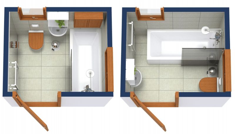 Side-by-side 3D rendered floor plans of two compact bathrooms with similar layouts. Both feature a bathtub along one wall, a toilet, and a small sink with a mirror above. The left bathroom includes a full shower curtain, wall-mounted cabinet, and light floor tiles. The right bathroom uses a partial glass shower screen and has a slightly different toilet and sink placement. Both rooms feature wood accents, including doors, toilet seats, and cabinetry, and are finished with beige floor tiles and tiled walls.