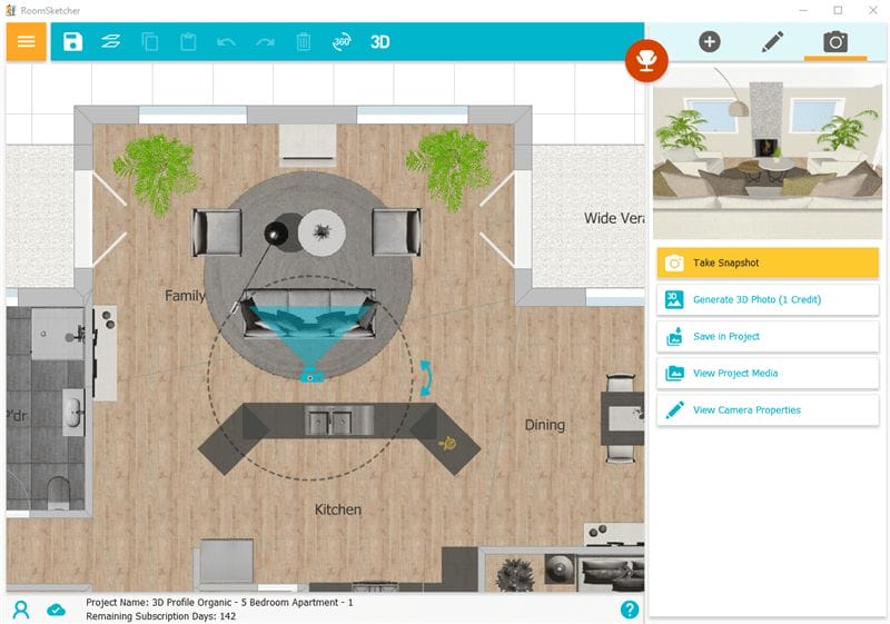 Top-down view of a 3D floor plan in the RoomSketcher app, showing a modern open-concept layout with a kitchen, dining area, and family room. A circular rug anchors the family area with two sofas and a coffee table. A camera icon indicates the position for a 3D snapshot, and the right panel displays options like "Take Snapshot," "Generate 3D Photo," and "View Project Media."