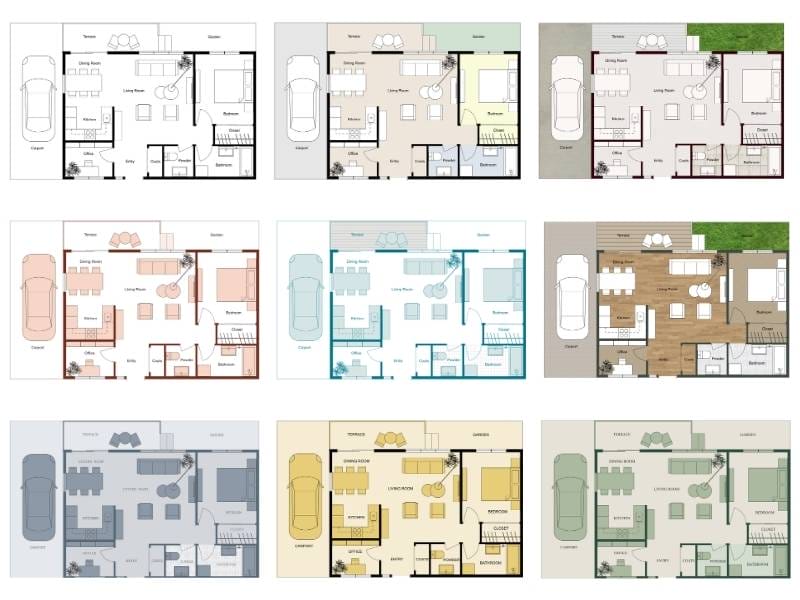 Collection of nine 2D floor plan examples in different styles and color schemes.