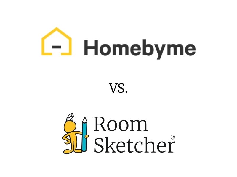 HomeByMe vs RoomSketcher logo. The HomeByMe logo is placed on top of the photo, underneath text reads "vs" before the RoomSketcher logo is placed at the bottom.