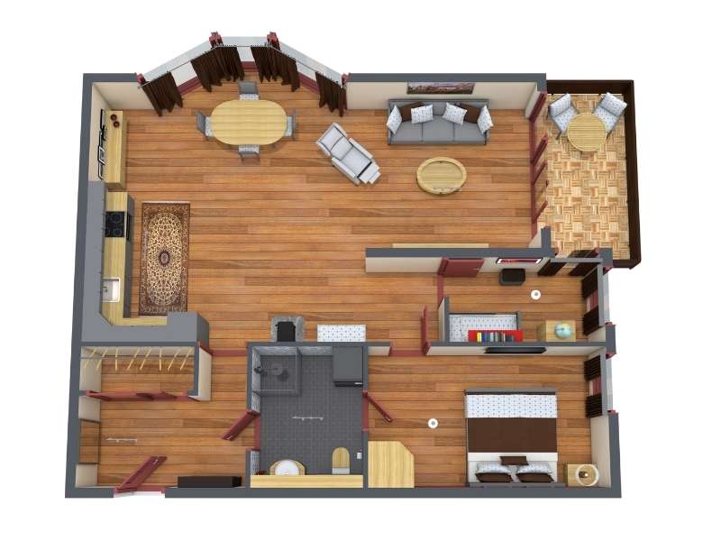 3D floor plan of a furnished apartment with two bedrooms, one bathroom, a kitchen, dining area, living room, and small balcony. Wood flooring throughout with rugs and furniture placed in each room.