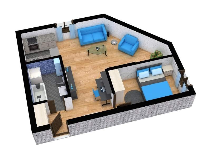 3D floor plan of a small apartment with one bedroom, bathroom, kitchen, and open living area. Interior shown with wood flooring, blue furniture in the living room, and a blue bed in the bedroom.