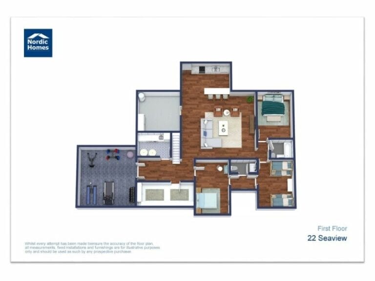 3D floor plan of a house labeled ‘22 Seaview, First Floor’ by Nordic Homes.