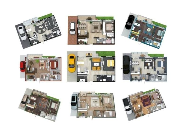 Collection of nine 3D house floor plans with garages. Each plan shows different layouts with furnished living rooms, kitchens, bedrooms, bathrooms, and outdoor areas, highlighting various home design options.