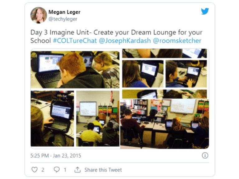A tweet by featuring a collage of classroom photos showing students working on laptops. The tweet reads: "Day 3 Imagine Unit - Create your Dream Lounge for your School #COLtureChat @JosephKardash @roomsketcher." Students are seen designing on computers, with one image showing a projector screen at the front of the class. Tweet timestamp: 5:25 PM · Jan 23, 2015.