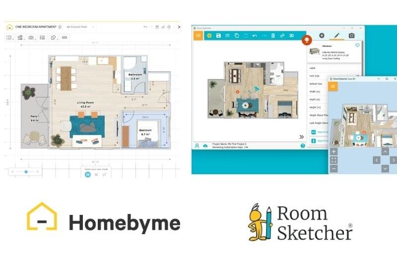 Platform comparison of HomeByMe vs. RoomSketcher. The left side of the image shows the HomeByMe logo at the bottom and the HomeByMe user interface. To the right of the image, there is the RoomSketcher logo at the bottom and the RoomSketcher user interface.