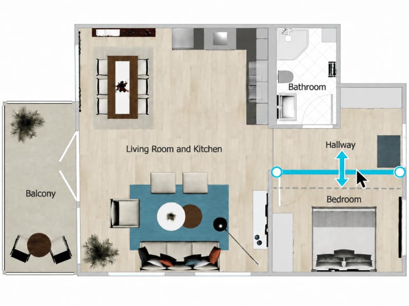 Floor plan editor showing a wall being moved to resize the bedroom and hallway.