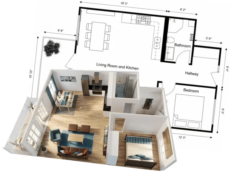 Apartment floor plan shown in both 2D and 3D with room dimensions, furniture, bedroom, bathroom, living room, kitchen, hallway, and balcony.