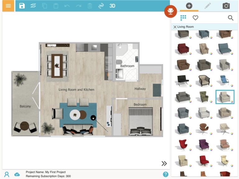The RoomSketcher app interface displaying a 2D floor plan of a one-bedroom apartment with labeled rooms: Living Room and Kitchen, Bathroom, Hallway, Bedroom, and Balcony. The right side of the screen shows a furniture selection panel with various armchairs for placement in the design. The selected chair is highlighted in blue.