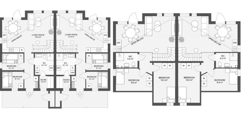 Duplex house plan with two floors.