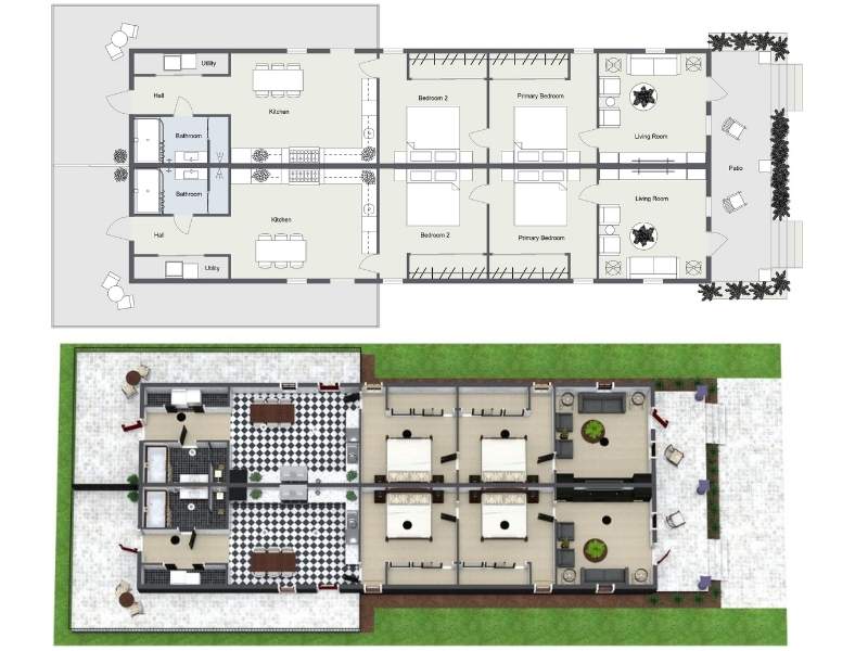 Duplex shotgun house plan in 2D and 3D.