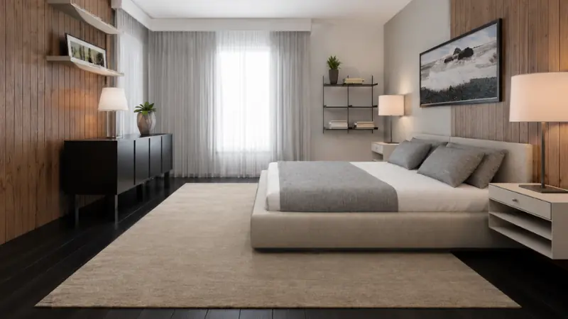 Modern bedroom with wood-paneled accent walls, a low beige platform bed with gray pillows and throw, black sideboard, floating shelves, soft lighting, sheer curtains, and a large neutral area rug over dark flooring.