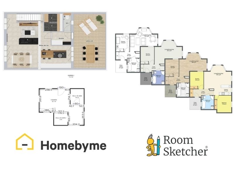 HomeByMe vs RoomSketcher 2D Floor Plan comparison. The left side of the image shows two different versions of 2D floor plans made with HomeByMe. The top floor plan shows furniture, materials, and room names in color. The bottom floor plan shows room names and measurements in black-and-white. The HomeByMe logo is below the two floor plans. On the right side of the image, there are four 2D floor plans placed on a diagonal line. From left to right: a black-and-white furnished floor plan, a basic colored floor plan in grey tones with fixed features, a floor plan with materials showing and fixed features, and lastly a color-coded floor plan in yellow, beige, orange, and blue. Below the four floor plans is the RoomSketcher logo.