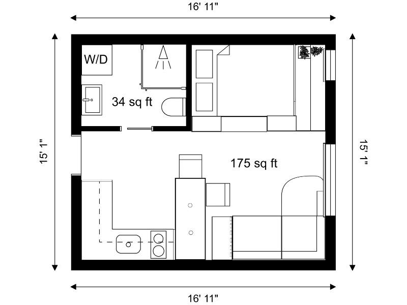Studio apartment floor plan with measurements.