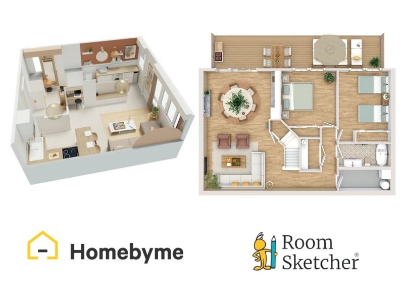 HomeByMe vs RoomSketcher 3D Floor Plan comparison. The left side of the image shows a 3D floor plan from HomeByMe. The floor plan shows a kitchen, a living room, a laundry room, and a hallway. Below the floor plan is the HomeByMe logo. To the right in the image is a 3D Floor Plan made with RoomSketcher. The floor plan shows two bedrooms, a living room, an open kitchen with a dining area, a bathroom, a laundry room, and a balcony. Below the floor plan is the RoomSketcher logo.