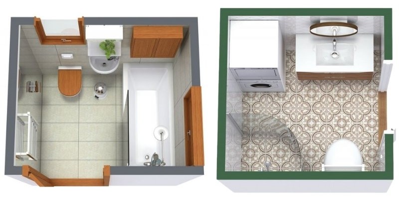 3D floor plans of two small bathrooms. The left bathroom includes a toilet, sink, and bathtub with tiled floors and wooden cabinets. The right bathroom features a toilet, sink with vanity, a corner shower, patterned floor tiles, and a stacked washer and dryer.