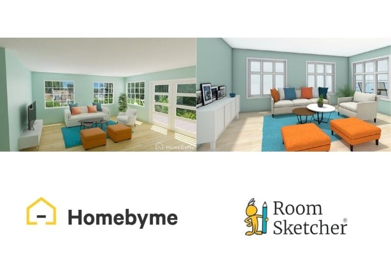 HomeByMe vs RoomSketcher 3D images. Image shows 3D photos from HomeByMe and RoomSketcher. Both photos have the same furniture and wall colors. The images are staged in a living room with a white couch with blue and orange pillows, wooden coffee table, one white armchair, two orange ottomans, a blue carpet, and a white media unit. The walls are teal and the floor is in a light wooden color. Below both photos are the HomeByMe and RoomSketcher logos.
