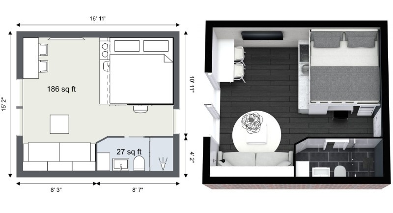 Side-by-side floor plans of a compact studio apartment. The left shows a 2D plan with measurements: 186 sq ft living and sleeping area plus a 27 sq ft bathroom. The right shows a 3D view with a bed, sofa, coffee table, dining counter with chairs, and a modern bathroom.