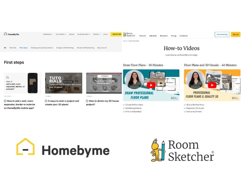 HomeByMe vs RoomSketcher Help Center. Left side shows a screenshot of the HomeByMe Help Center showing three video tutorials you can choose from to watch. Below the screenshot is the HomeByMe logo. On the right side of the image is a screenshot of the RoomSketcher Help Center showing the How-to Videos, with the top choices being "Draw Floor Plans - 30 minutes" and "Floor Plans and 3D Visuals - 40 minutes". Below the screenshot is the RoomSketcher logo.