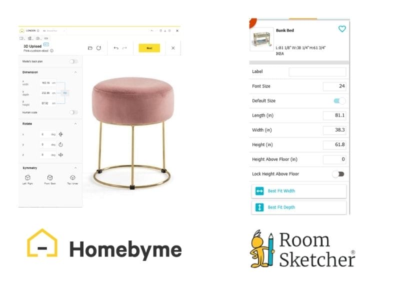 HomeByMe vs. RoomSketcher furniture customization. The left side of the image shows the UI for HomeByMe's furniture customization. The furniture being shown is a pink velour bar chair with gold metall legs. Below the image is the HomeByMe logo. On the right side of the image is the UI for RoomSketcher's furniture customization. It shows a light wooden bunk bed and the customization options below the furniture picture. Below the image is the RoomSketcher logo.