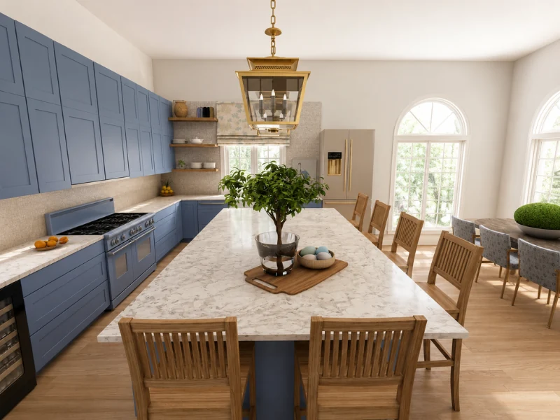 Photorealistic AI Render of a kitchen design with blue cabinets, marble island, wood chairs, and arched windows.