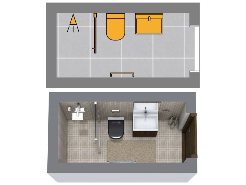 Small ¾ bathroom layout shown in 2D and 3D. The design includes a walk-in shower with a glass partition, a toilet, and a vanity with sink. The 3D view shows beige floor tiles, wall tiles, and a wooden door.