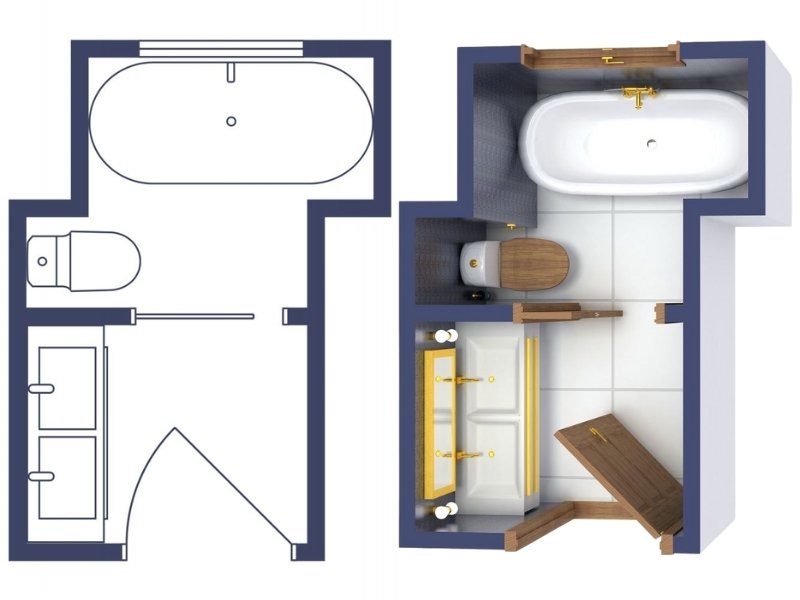 Compact ¾ bathroom floor plan shown in 2D and 3D. The layout includes a freestanding bathtub, toilet, and double vanity. The 3D view highlights wood accents, gold fixtures, and a dark blue wall border.