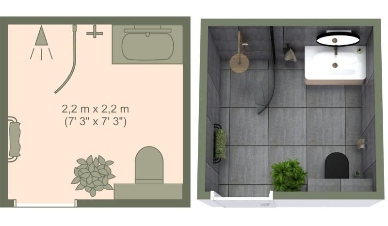 Square ¾ bathroom floor plan measuring 2.2 m by 2.2 m (7'3” by 7'3”), shown in 2D and 3D. The layout features a walk-in shower, toilet, and vanity with sink. The 3D view includes gray tile walls and floors, a round mirror, and green plants for decoration.