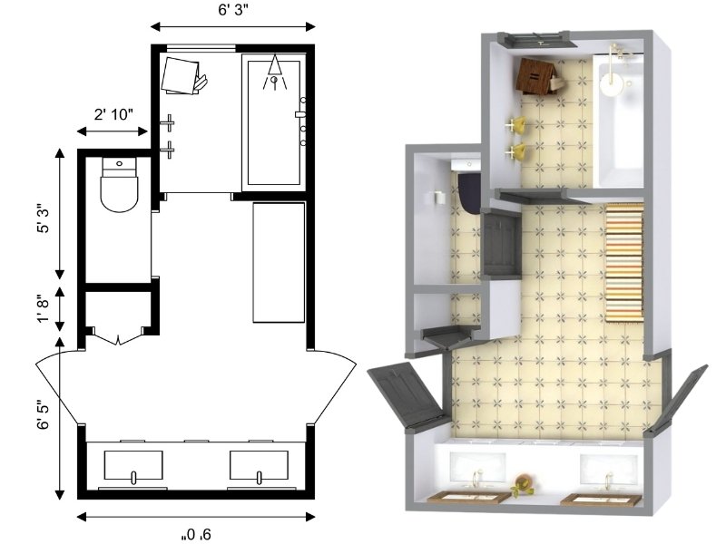 Jack and Jill bathroom floor plan with two entrances. The layout features double sinks in the shared entry area, a separate toilet room, and a private bathing area with a bathtub and shower. Shown in both 2D with measurements and 3D with furniture and finishes.