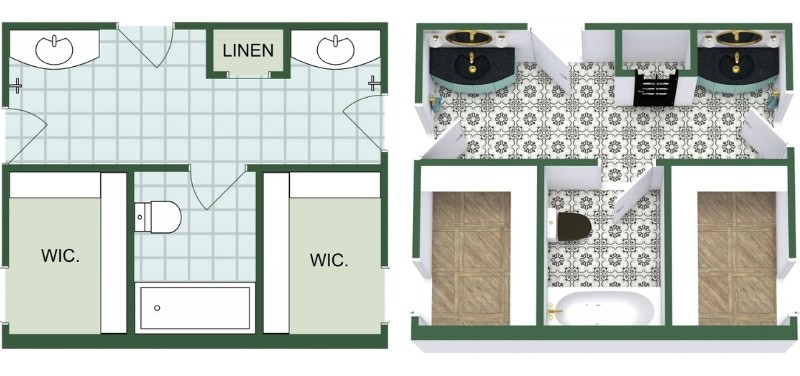 Jack and Jill bathroom floor plan with two walk-in closets. The layout includes dual sink vanities on opposite sides, a central linen closet, and a shared space with a toilet and bathtub. Shown in 2D with labels and in 3D with tile flooring and fixtures.