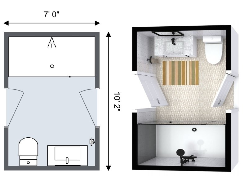 Compact Jack and Jill bathroom floor plan with two doors in the middle. The layout places a shower on one side and a toilet with sink on the opposite side. Shown in 2D with measurements and in 3D with tiled flooring, vanity, and fixtures.
