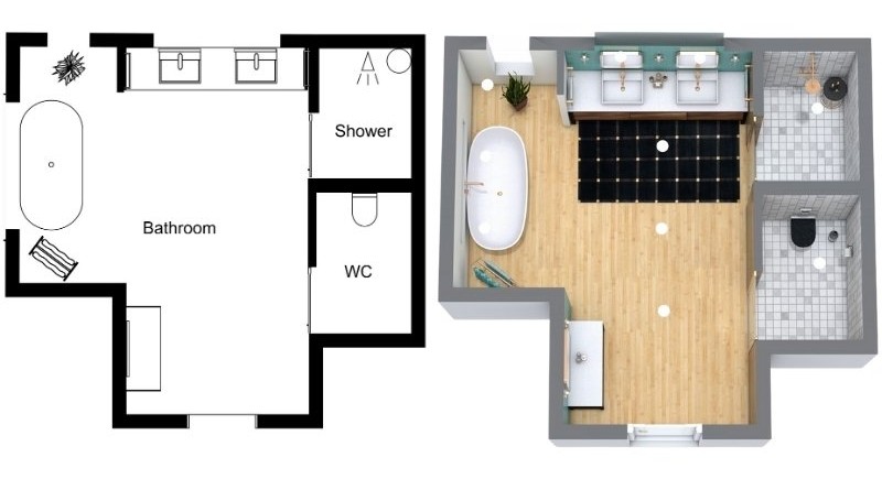 Luxury Jack and Jill bathroom floor plan with double sinks, a freestanding bathtub, a separate shower, and a private WC. Shown in 2D with labeled sections and in 3D with wood flooring, modern fixtures, and a spacious layout.