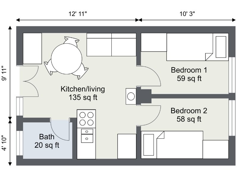 Two-bedroom student apartment floor plan. The layout includes a combined kitchen and living area (135 sq ft), a bathroom (20 sq ft), Bedroom 1 (59 sq ft), and Bedroom 2 (58 sq ft). Overall dimensions are 12'11" by 14'9".