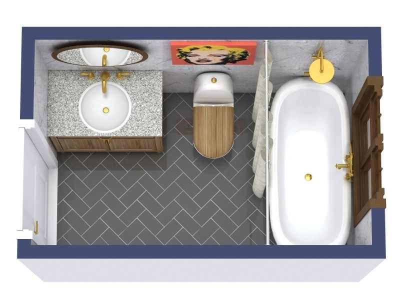 3D floor plan of a small full bathroom with a single sink vanity, toilet, and bathtub with shower. The bathroom features gray herringbone tile flooring, wood accents, and gold fixtures, with a pop art print on the wall above the toilet.