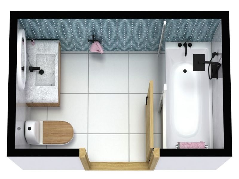 3D floor plan of a compact full bathroom with a single sink vanity, toilet, and bathtub with shower. The design features white tile flooring, a blue patterned accent wall, wood accents, and black fixtures, with pink towels adding a soft touch.