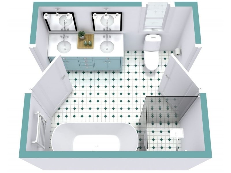 3D floor plan of a spacious full bathroom with a double sink vanity, toilet, freestanding bathtub, and glass-enclosed shower. The design features patterned tile flooring, teal accents, and two mirrors above the vanity.