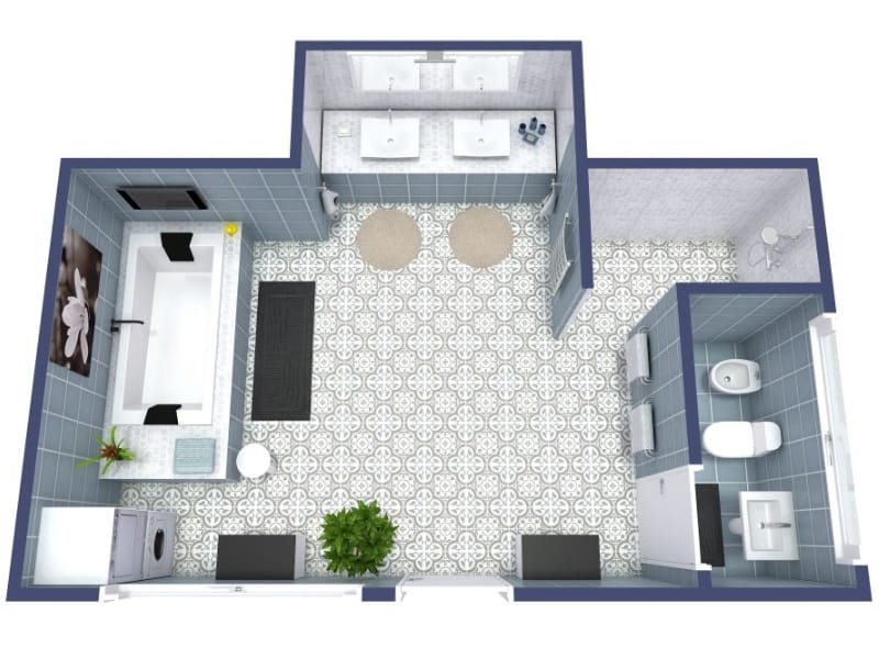 3D floor plan of a large full bathroom with a double sink vanity, bathtub, separate shower, and private toilet area. The design features patterned tile flooring, blue wall tiles, built-in storage, and added touches like rugs and indoor plants.
