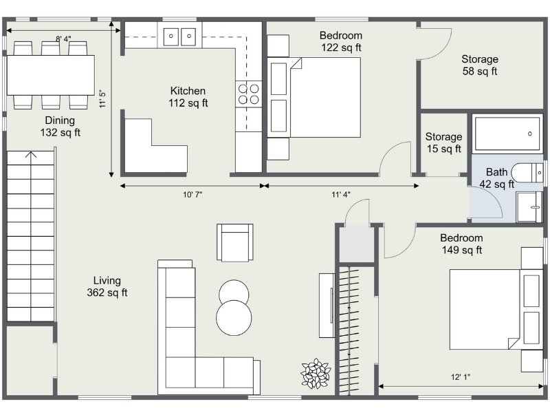 Two-bedroom apartment floor plan with large living room (362 sq ft), dining area (132 sq ft), and kitchen (112 sq ft). Bedroom 1 is 122 sq ft and Bedroom 2 is 149 sq ft. Includes a bathroom (42 sq ft) and two storage areas (58 sq ft and 15 sq ft).