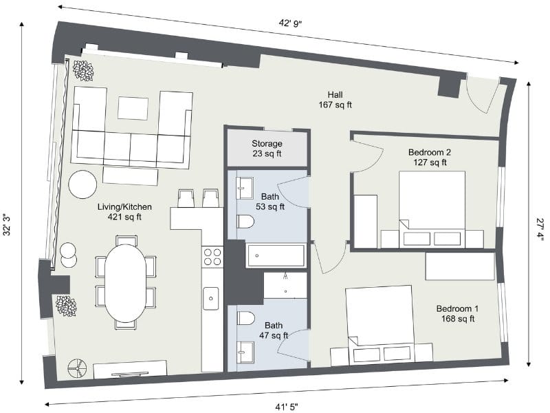 Two-bedroom apartment floor plan with open living and dining area, kitchen, two bathrooms, and bedrooms located side by side.