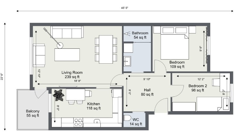 Two-bedroom apartment floor plan with a living room, separate kitchen, bathroom, guest WC, hall, and balcony.