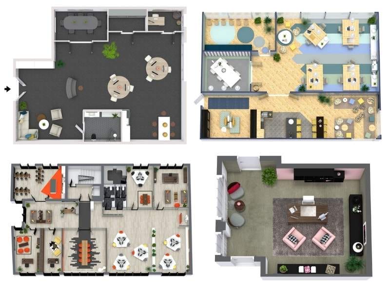 3D Floor Plans of different types of offices. Small grey office, yellow and blue office, contemporary office, and black and pink office.
