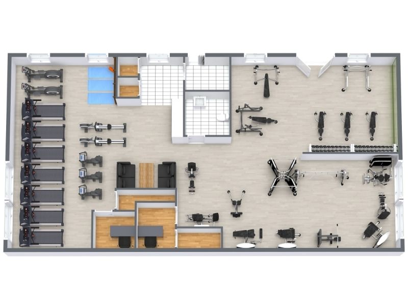 Top-down 3D floor plan of a modern gym layout. The left side features rows of treadmills, rowing machines, and stationary bikes along large windows. The center area includes lounge seating and a reception desk near two small offices.