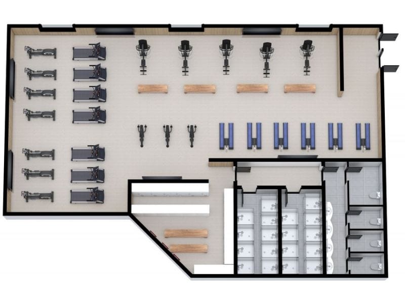 Top-down 3D view of the locker room area in a modern gym. The space includes multiple rows of lockers with wooden benches in front, tiled shower stalls with individual partitions, and a section with sinks and mirrors.