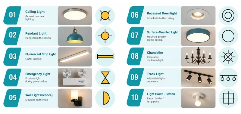 Illustrated guide to 10 lighting symbols used in electrical floor plans, including ceiling, pendant, fluorescent, emergency, wall, recessed, surface-mounted, chandelier, track, and batten lights.