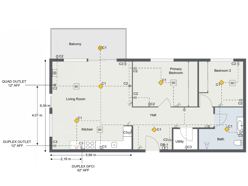Residential electrical floor plan showing lighting, switches, smoke detectors, outlets, GFCI receptacles, circuit labels, room names, dimensions, and outlet mounting heights.