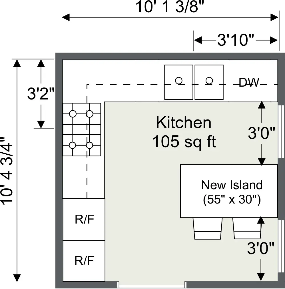 Kitchen floor plan measuring approx. 10 ft 1 3/8 in by 10 ft 4 3/4 in, with labeled clearances, a 55 in × 30 in island, and 3 ft walkways.